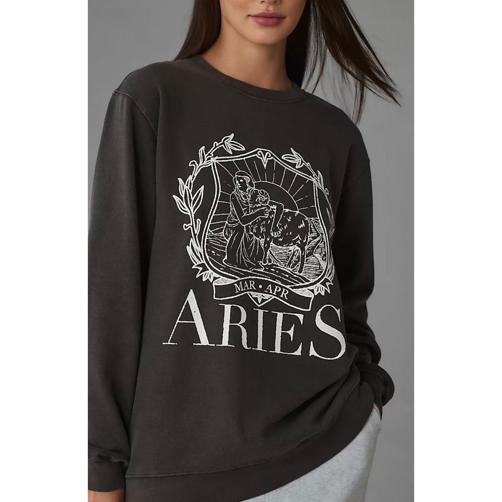 Girl Dangerous x Anthropologie Aries Graphic Sweatshirt M‎ Gray Zodiac Crewneck